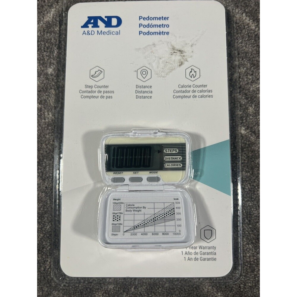 AND A&D Medical Pedometer Step Counter Distance Calorie Counter White Brand New